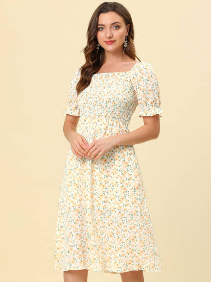 Allegra K- robe florale à col carré manches bouffantes Casual Midi Smocked