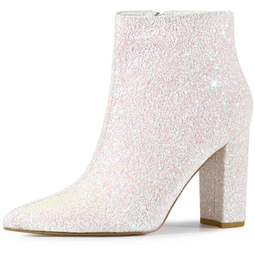 Allegra K - Pointed Toe Heeled Glitter Sparkly Ankle Boots