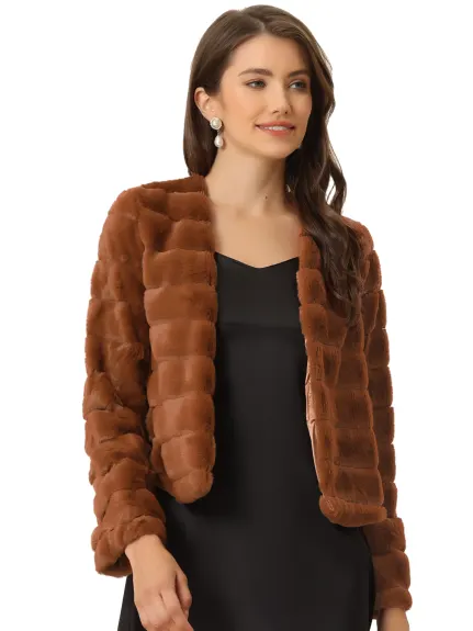 Allegra K- Cropped Collarless Faux Fur Fluffy Coat Jacket