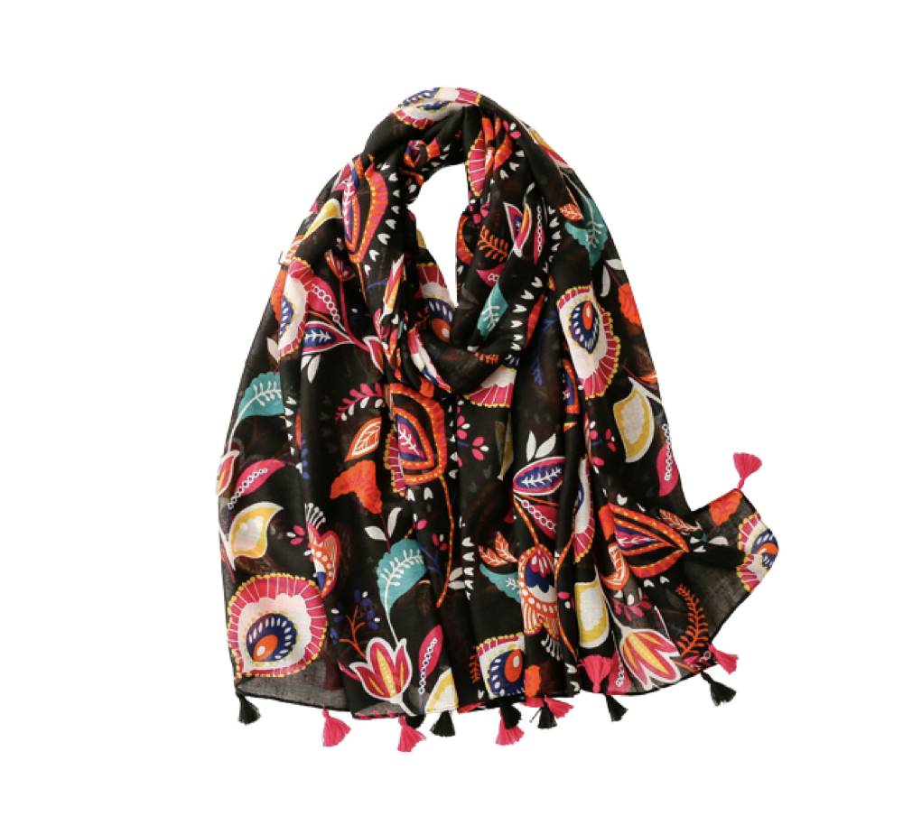 Colourful paisley and flower scarf with tassels - Don't AsK