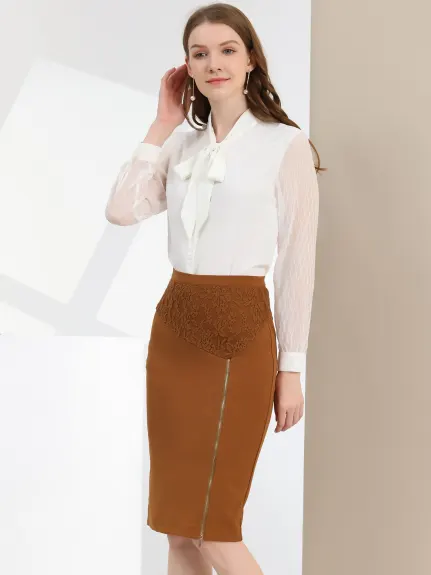 Allegra K- Zip Slit Lace Panel Knee Length Pencil Skirt