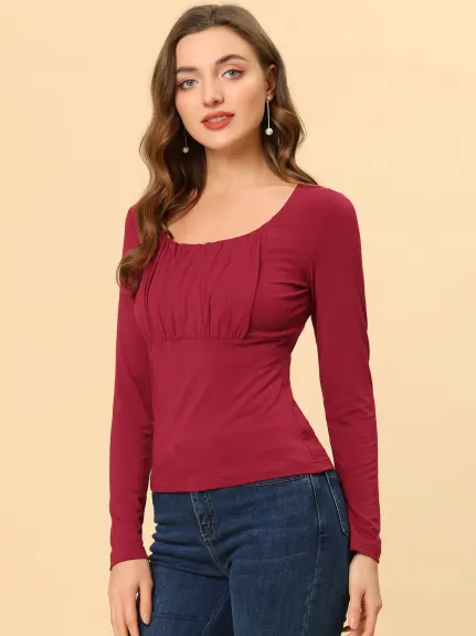 Allegra K - Scoop Neck Long Sleeves Ruched Fitted Top