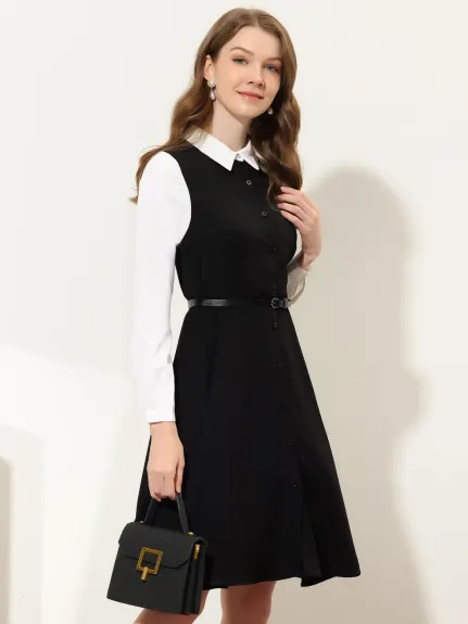 Allegra K- Button Front Dress Long Sleeve Contrast Collar Shirtdress