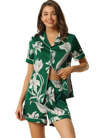 cheibear - Summer Button Down Hawaiian Floral Pajama Sets