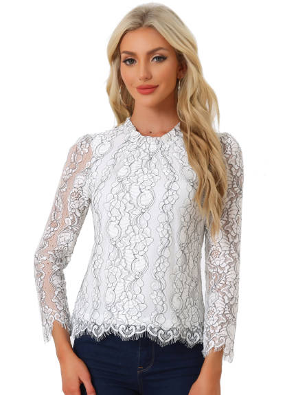Allegra K- Lace Top Long Sleeve Ruffle Neck Floral Blouse