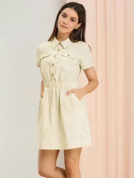 Allegra K- Short Sleeve Cotton Safari Shirt Dress