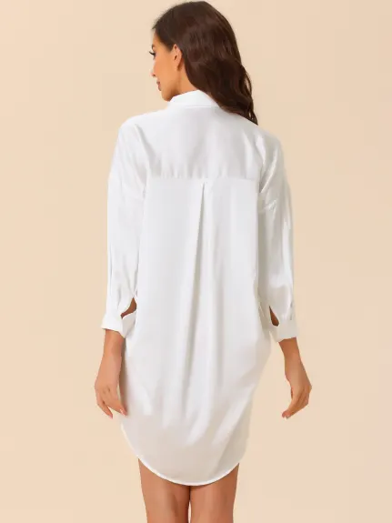 cheibear - Button Down Shirt Dress Satin Nightgown