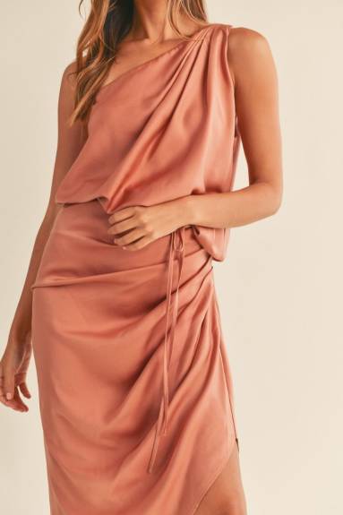 Evercado - Satin One Shoulder Midi Dress