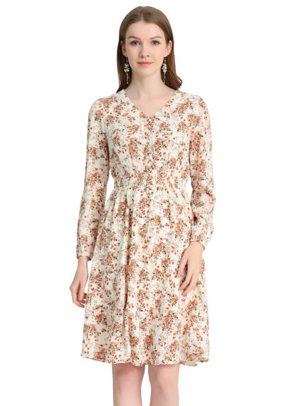 Allegra K- Smocked Waist V-Neck Floral Midi Dress