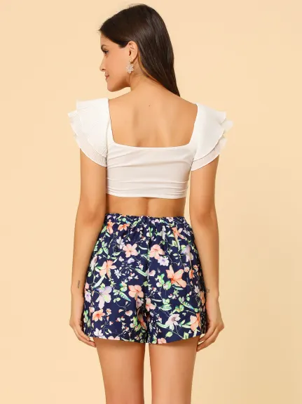 Allegra K- Summer Elastic Waist Beach Floral Shorts