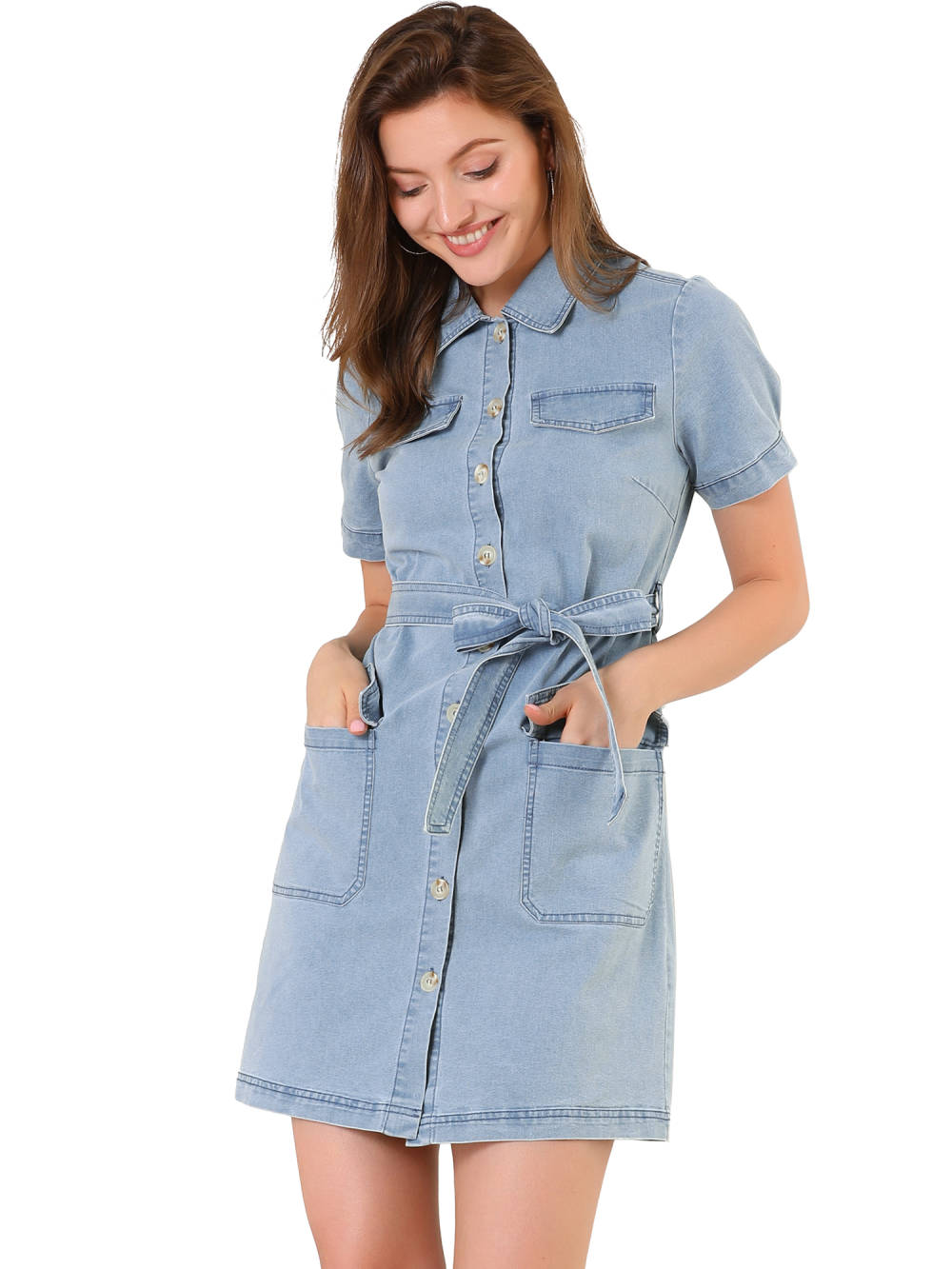 Allegra K- Belted Jean Denim ShirtDress