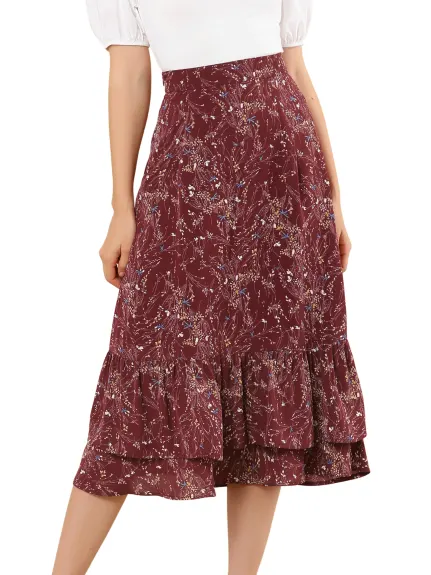 Allegra K- Zipper Printed Chiffon Ruffle Tiered Midi Skirt