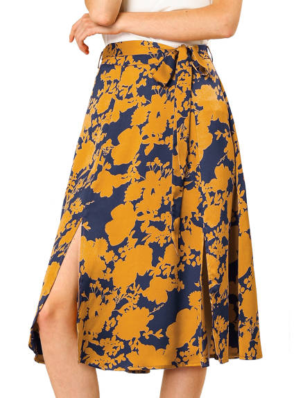 Allegra K- Women's Slit Floral Belted A-Line Midi Skirt