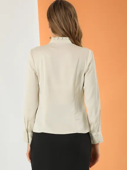 Allegra K- Ruffled Stand Collar Long Sleeve Button Satin Shirt