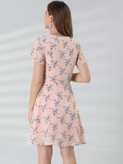 Allegra K- Ruffle Neck Short Sleeve A-Line Flowy Chiffon Floral Dress