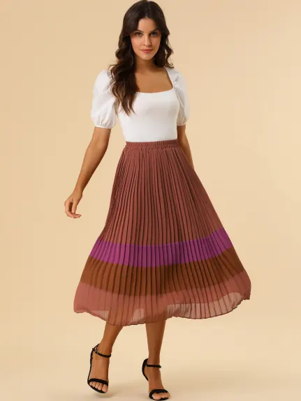 Allegra K- A-Line Color Block Pleated Chiffon Midi Skirt