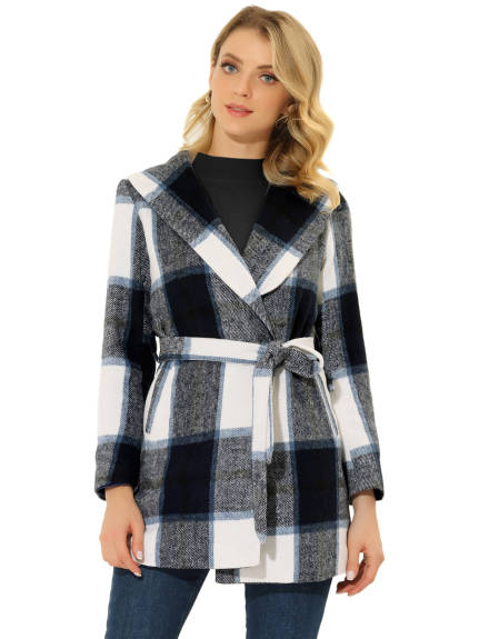 Allegra K- Plaid Shawl Collar Belted Wrap Winter Coat