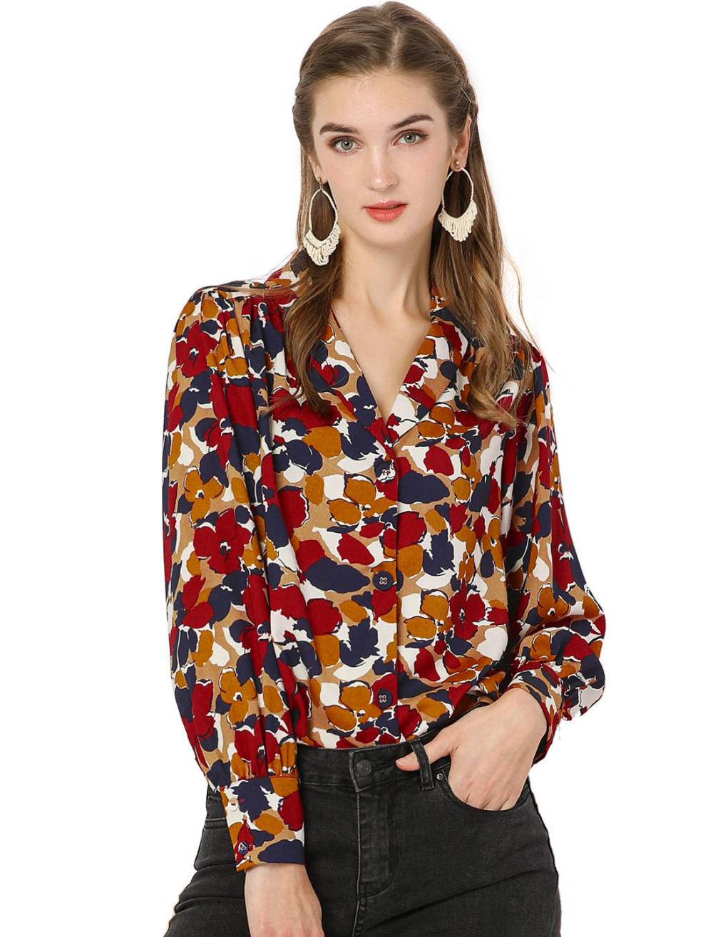 Allegra K- Floral Long Sleeve Lapel Collared Shirt