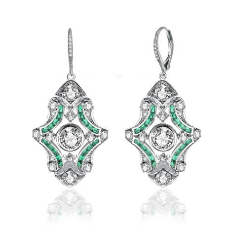 Genevive Sterling Silver White Gold Plated with Colored Cubic Zirconia Art Deco Lever Back Earrings