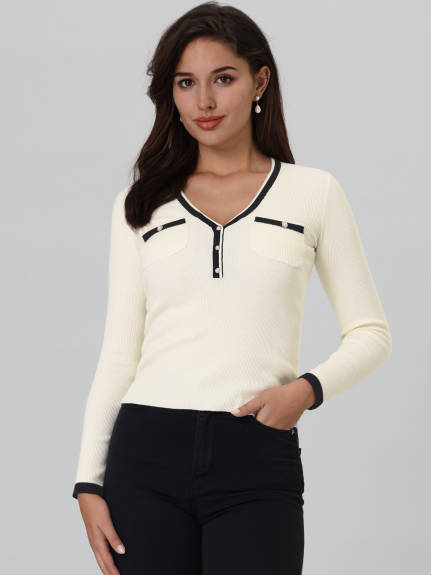 Hobemty- Contrast Color Knit Blouse Ribbed Top