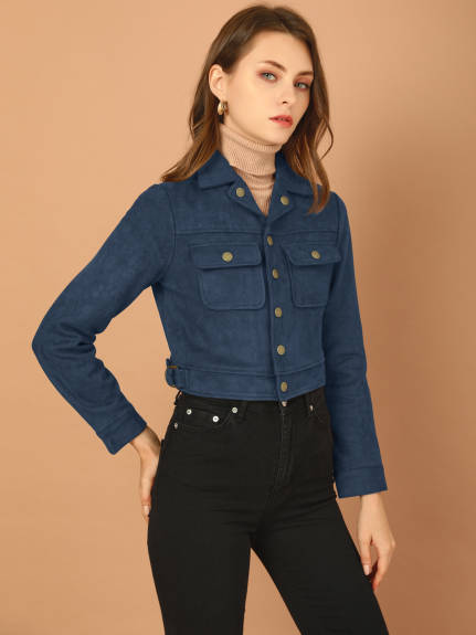Allegra K- Faux Suede Notched Collar Button Up Cropped Jacket