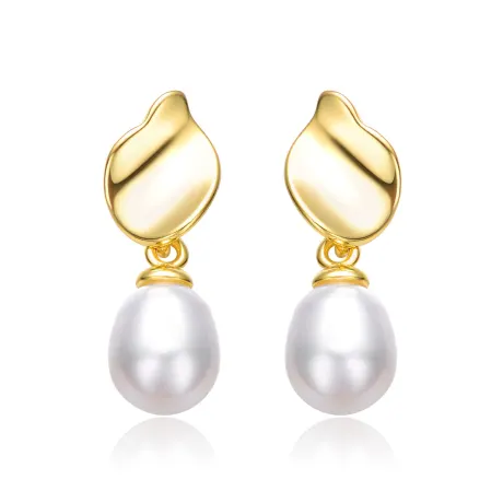 Genevive Boucles d'oreilles doubles en argent sterling plaqué or jaune 14 carats avec perles blanches ovales et coquillage