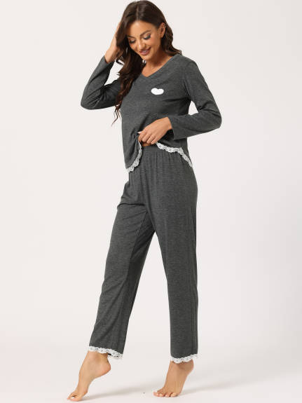 cheibear - Chemise et pantalon doux à bordure en dentelle, vêtements de nuit 2 pièces