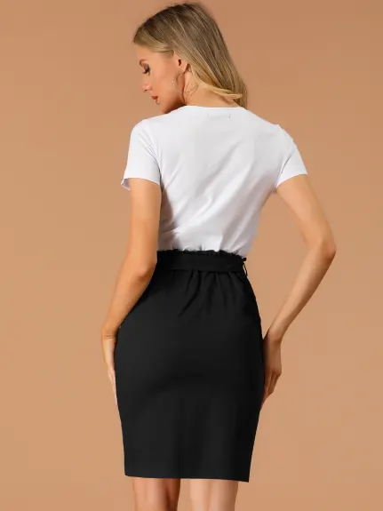 Allegra K- Elastic Waist Side Pockets Cotton Pencil Skirt