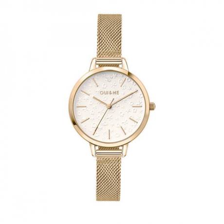 OUI & ME-Fleurette 32mm 3 Hand Pink Raised Flowers Dial Watch With Stainless Steel Mesh Bracelet
