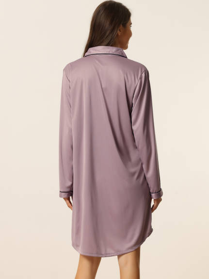 cheibear - Satin Button Down Long Sleeve Shirt Nightgown