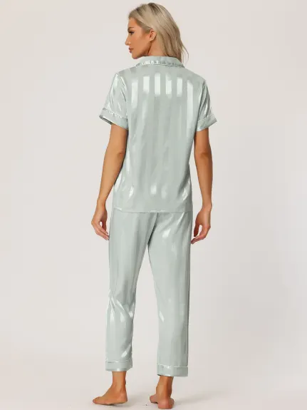 cheibear - Satin Button Down Shirt Long Pants Pajama Set