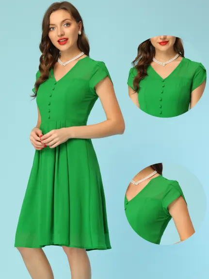 Allegra K- Chiffon Vintage V Neck A-Line Elegant Cap Sleeve Dress