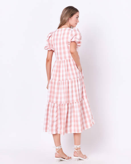 English Factory- Gingham Puff Sleeve Tiered Midi