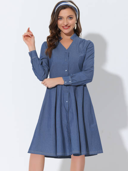 Allegra K- Vintage V Neck Stand Collar Pleated Long Sleeve Chambray Dress