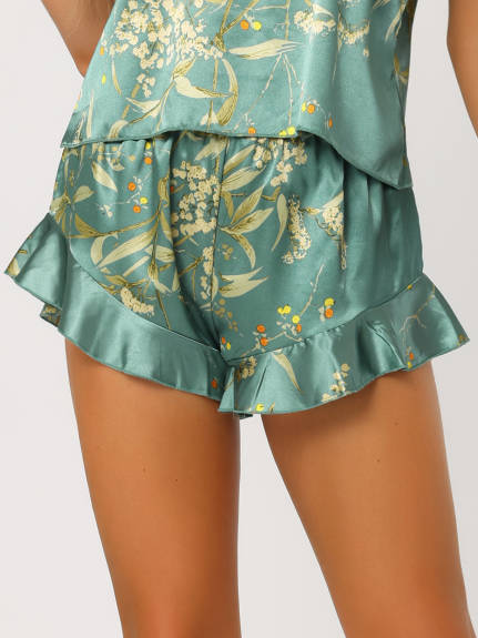 cheibear - Printed Cami Tops Ruffled Shorts Pajamas Sets