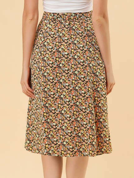 Allegra K- Women's Elegant Elastic Waist A-Line Midi Leave Print Skirt