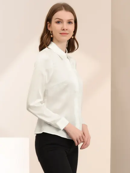 Allegra K- Point Collar Long Sleeve Satin Shirt