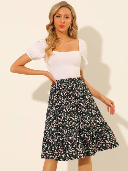 Allegra K- Elegant Ruffle Hem Flowy Tiered A-Line Floral Midi Skirts