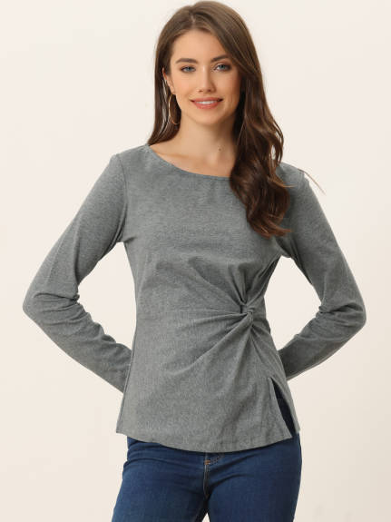 Allegra K- Round Neck Front Twist Tops Ruched Long Sleeve Blouse