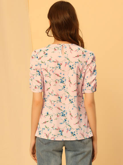 Allegra K- Floral Blouse Crew Neck Shirred Elegant Short Sleeve Top