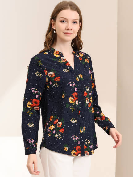 Allegra K- Button Up V Neck Shirt Long Sleeve Top Floral Blouse