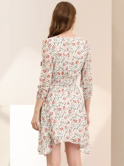 Allegra K- Floral Shirred 3/4 Sleeve Asymmetrical Hem Smocked Dress