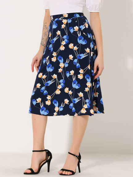 Allegra K- A-Line Midi Skirt Floral Print Chiffon Vintage Skirt