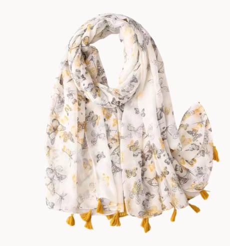 Grey and Yellow Butterfly Scarf with Tassels - Don't AsK
