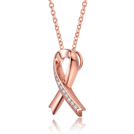 Rachel Glauber 18k Rose Gold Plated with Clear Cubic Zirconia Ribbon Pendant Necklace