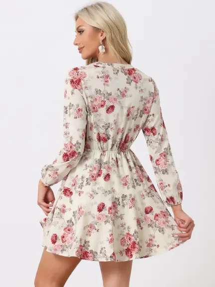 Allegra K- Button Front Tie Waist Vintage Long Sleeve Floral Dress