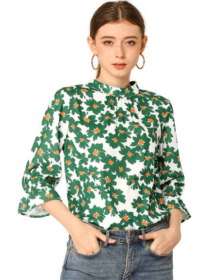 Allegra K- Stand Collar Bow Tie Back Ruffled 3/4 Bell Sleeve Top