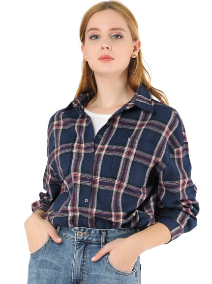 Allegra K- Button Down Pocket Oversized Plaid Shirt