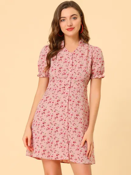 Allegra K- Floral Ruffle Neck Puff Short Sleeve Chiffon Mini Dress