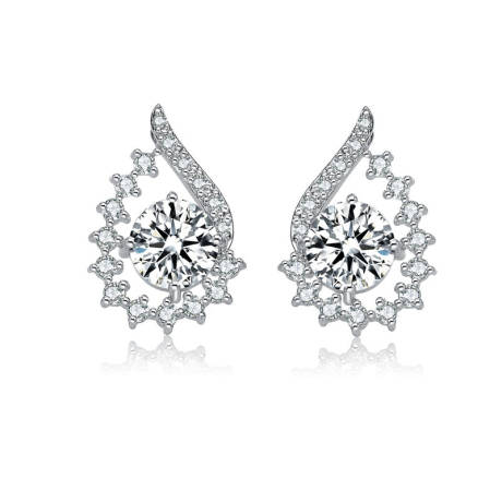 Genevive Sterling Silver White Gold Plated with Clear Round Cubic Zirconia Pear Shape Stud Earrings